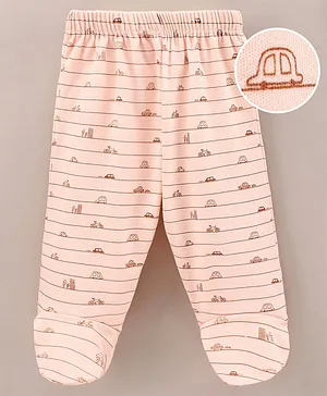 Child World Cotton Knit Footed Bootie Leggings Striped & Cars Printed - Peach
