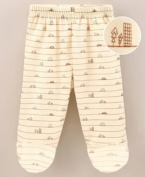 Child World Cotton Knit Footed Bootie Leggings Striped & Cars Printed - Gold