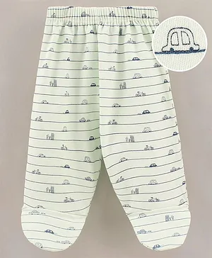 Child World Cotton Knit Footed Bootie Leggings Striped & Cars Printed - Green