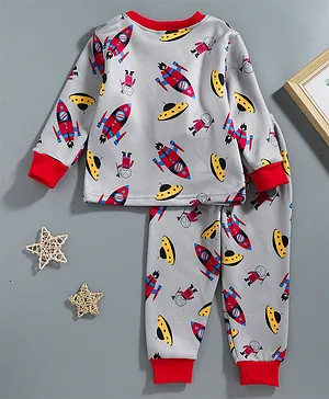 Kookie Kids Full Sleeves Spaceship Printed Winter Wear Night Suit Multicolour