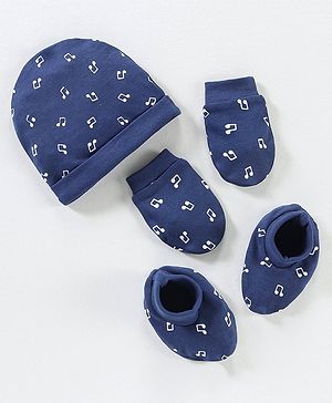 Babyhug 100% Cotton Cap Mitten & Booties Navy Blue - Diameter 9.5 cm