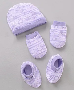 Babyhug 100% Cotton Cap Mitten & Booties Printed Purple- Diameter 11 cm