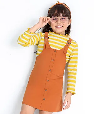 Ollington St. Full Sleeves Rib Stripes Top with Pinafore Set - Yellow Brown
