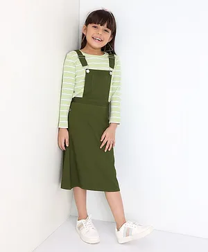 Ollington St. Rib Top With Below Knee Length Stretchable Pinafore Dress Set - Green