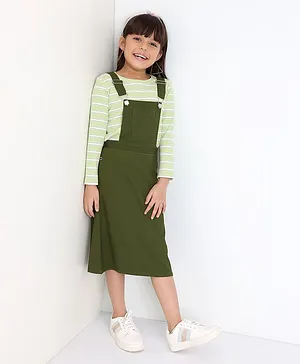 Ollington St. Rib Full Sleeves Top with Below Knee Length Pinafore Dress set- Green