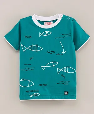 Under Fourteen Only Half Sleeves Sea Theme Text With Fish Printed Tee - Green