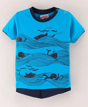 Under Fourteen Only Half Sleeves Sea Waves With Shark & Octopus Printed Tee - Blue