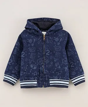 Under Fourteen Only Full Sleeves Graffiti All Over Printed Front Zip Up Denim Hoodie Jacket - Navy Blue