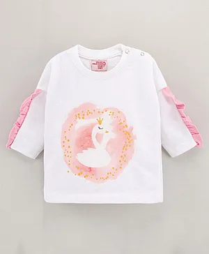 Under Fourteen Only Full Sleeves Swan Placement Printed & Ruffle Detailed Top - White