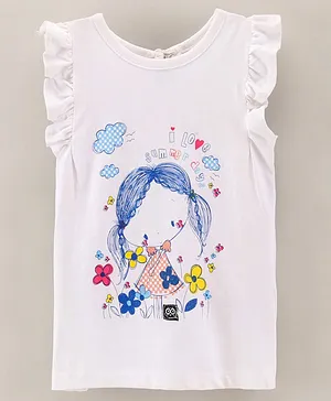 Under Fourteen Only Cap Sleeves Doll & Flowers With Cloud Placement Printed Top - White