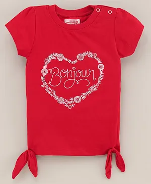 Under Fourteen Only Short Sleeves Bonjour Text & Floral Heart Placement Printed Bow Detailed Top - Red