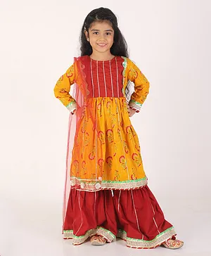 CHAKORI Full Sleeves Gota Lace Embellished & Jaipuri Floral Printed Lurex Kurta With Sharara & Gota Flower Detailed Dupatta - Mustard Yellow