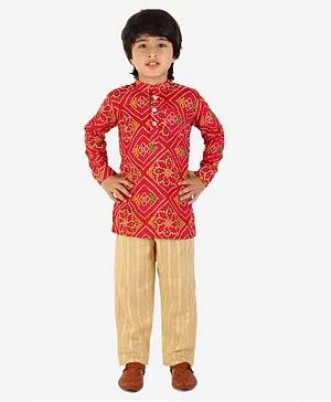 CHAKORI Rakshabandhan Theme Full Sleeves Floral Bandhej Kurta With Self Designed Pyjama - Red