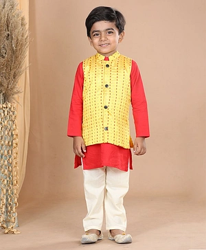 CHAKORI Full Sleeves Kurta With All Over Motif Embroidered Jacket & Pyjama - Yellow