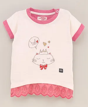 Under Fourteen Only Short Sleeves Cat & Hello Text With Heart Placement Embroidered Top - Peach