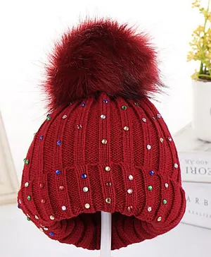 Flaunt Chic Stones & Furry Pom Pom Detailing Winter Bobble Cap - Red