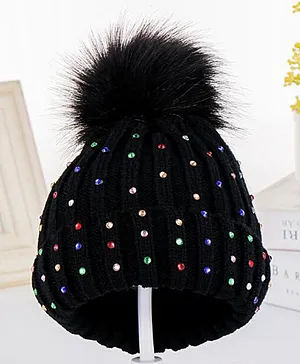 Flaunt Chic Stones & Furry Pom Pom Detailing Winter Bobble Cap - Black