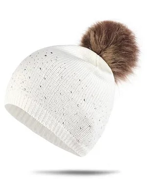 Flaunt Chic Stones & Furry Pom Pom Detailing Winter Bobble Cap - White
