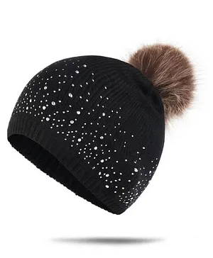 Flaunt Chic Stones & Furry Pom Pom Detailing Winter Bobble Cap - Black
