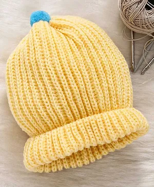 Little Angels Solid Round Cap With Pom Pom - Yellow
