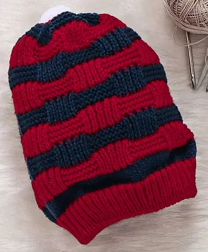 Little Angels Striped Round Cap With Pom Pom - Red & Navy Blue