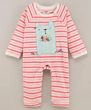 Under Fourteen Only Full Sleeves Cute Animal Patch Detail Striped Full Length Romper - Peach