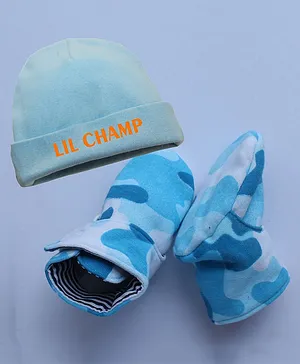 Kadam Baby Lil Champ Printed Cap & Pair Of Camouflage Booties - Blue