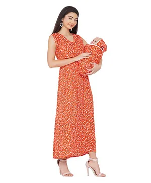 Mine4Nine Sleeveless All Over Floral Printed Maternity Maxi Dress & Matching Baby Wrapper Set - Orange