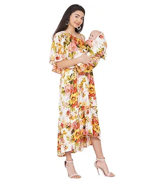 Mine4Nine Single Half Cape Sleeves All Over Floral Printed High Low Maternity Maxi Dress & Matching Baby Wrapper Set - White
