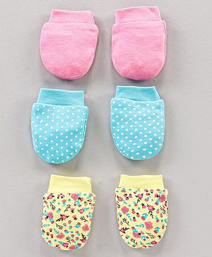 Babyhug 100% Cotton Mittens Floral Print Pack Of 3 - Blue Yellow Pink
