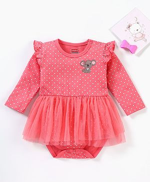 Babyhug 100% Cotton Full Sleeves Frock Style Onesie Polka Dot Print - Pink