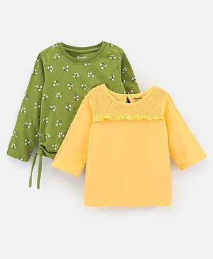 Honeyhap Full Sleeves 100% Cotton Biowashed Tees Floral Print & Lace Detail Pack Of 2 - Green Yellow