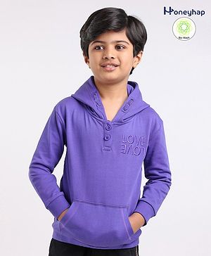 Honeyhap Premium 100% Cotton Terry Full Sleeves Biowashed Drop Shoulder Hooded Sweatshirt with Kangaroo Pocket & Text Embroidery - Blue Iris