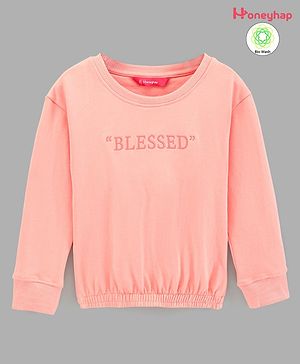 Honeyhap Premium 100% Cotton Terry Full Sleeves Biowashed Dropped Shoulder Sweatshirt with Text Embroidery - Peach Bud