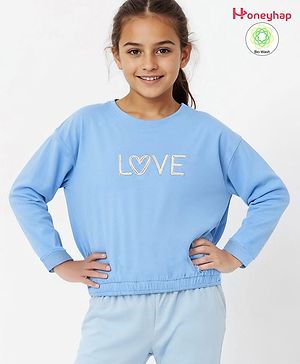 Honeyhap Premium 100% Cotton Terry Full Sleeves Biowashed Dropped Shoulder Sweatshirt with Text Embroidery - Dutch Blue