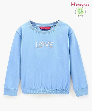 Honeyhap Premium 100% Cotton Terry Full Sleeves Biowashed Dropped Shoulder Sweatshirt with Text Embroidery - Dutch Blue