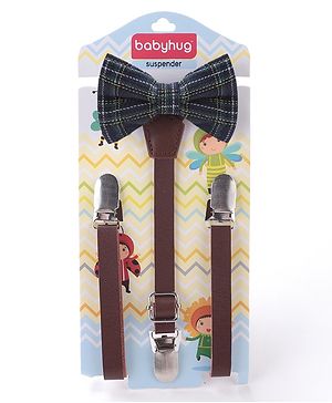 Babyhug Checkered Bow and Suspender Set - Black Brown