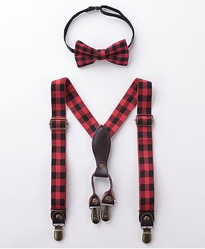 Babyhug Checkered Bow and Suspender Set - Red