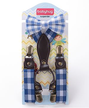 Babyhug Checkered Bow and Suspender Set - Blue