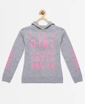punkster Full Sleeves Girl Superpower Text Printed Hooded Sweatshirt - Melange Grey