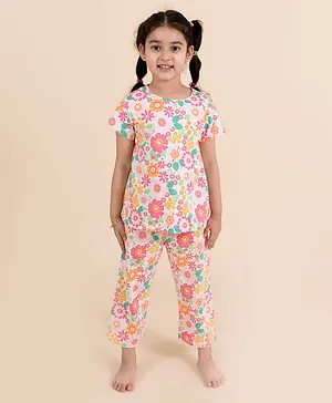 Pspeaches 100% Cotton Half Sleeves Sunflower Printed Night Suit - Pink