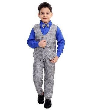 Fourfolds Full Sleeves Solid Shirt With AAll Over Checked Waistcoat & Coordinating Pant - Blue