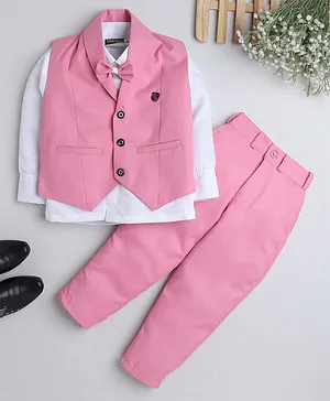 Fourfolds Full Sleeves Solid Shirt With Front Pocket Waistcoat & Coordinating Pant - Pink
