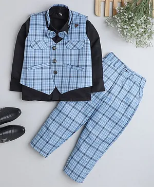 Fourfolds Full Sleeves Solid Shirt With All Over Checked Waistcoat With Coordinating Pant - Blue