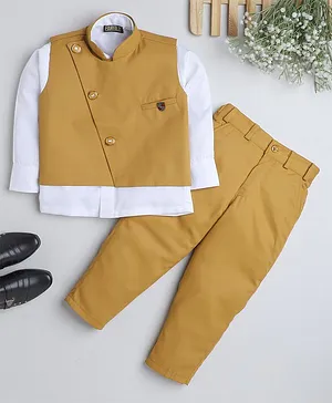 Fourfolds Full Sleeves Solid Shirt With Wiastcoat & Coordinating Pant - Mustard Yellow