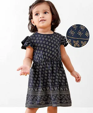Earthy Touch Frill Sleeves Printed Knit Frock - Navy Blue