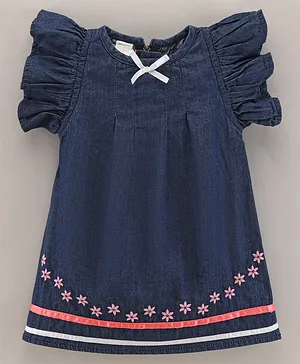 Under Fourteen Only Short Frill Sleeves Flower Embroidered Flared Dress - Navy Blue