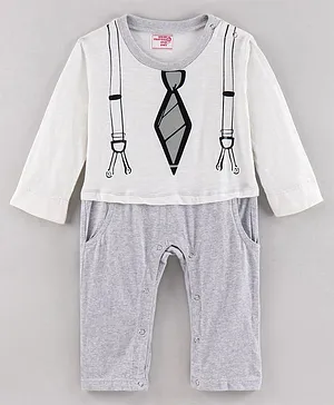 Under Fourteen Only Full Sleeves Suspender & Tie Mock Styled Placement Printed Romper - Off White