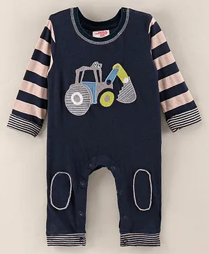 Under Fourteen Only Full Sleeves Tractor Vehicle Detailed & Rugby Striped Romper - Navy Blue