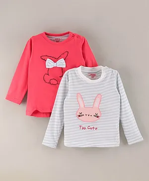 Under Fourteen Only Pack Of 2 Bunny & Bow Detailed Rugby Striped Tees - Pink & Off White